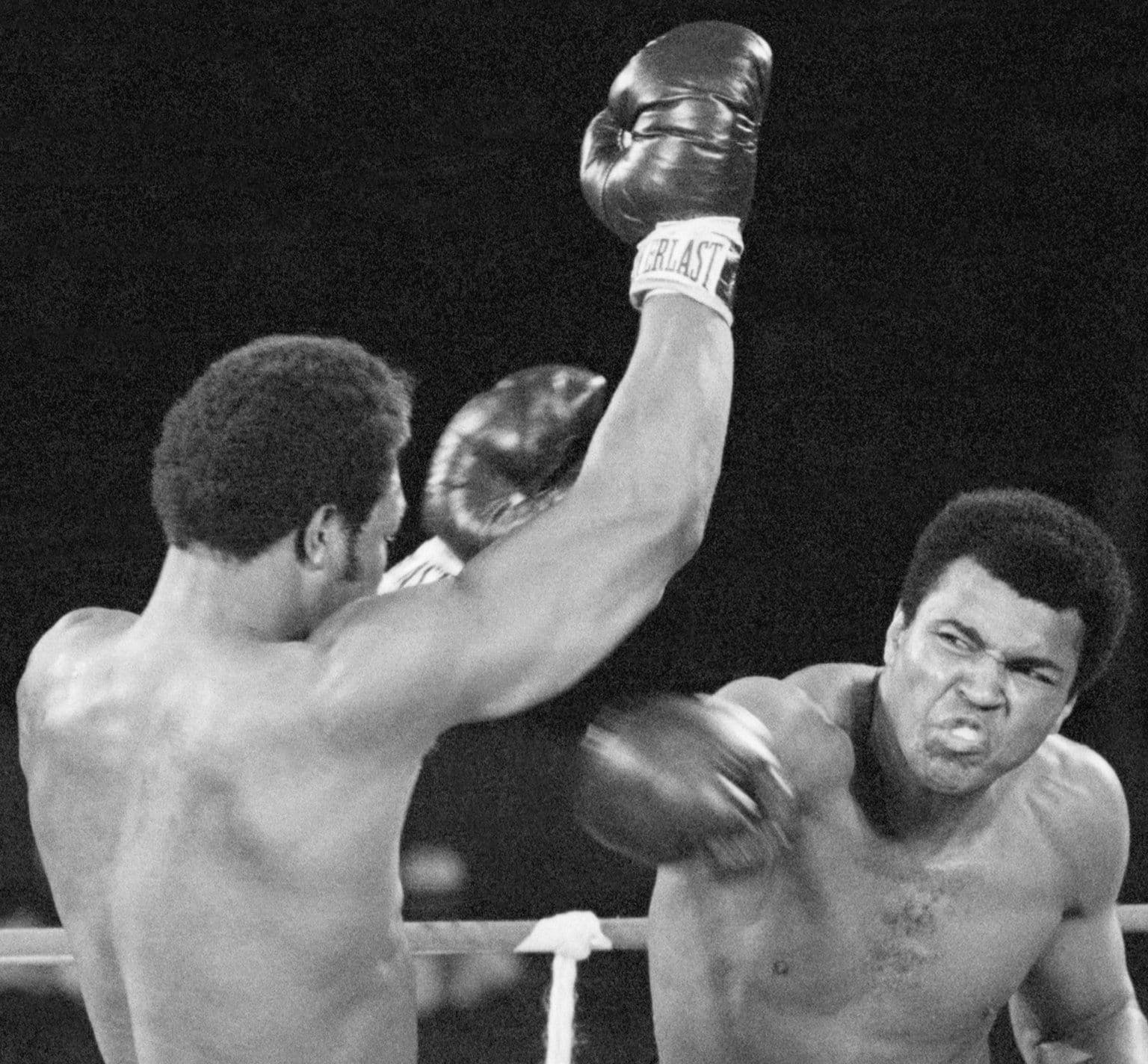 Ali and Foreman, Kinshasa, 30 October 1974. UPI wire photo. Photo: United Press International, Public domain, via Wikimedia Commons.