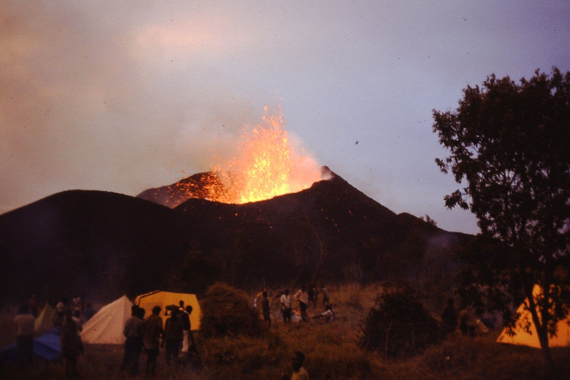 A new cone erupting on the flank of Nyamuragira outside Goma, 8 January 1977. A year later they drove past the fresh lava from its neighbour Nyiragongo on the way to the mountains. Photo: Bryan Pready, CC BY-SA 4.0, via Wikimedia Commons.