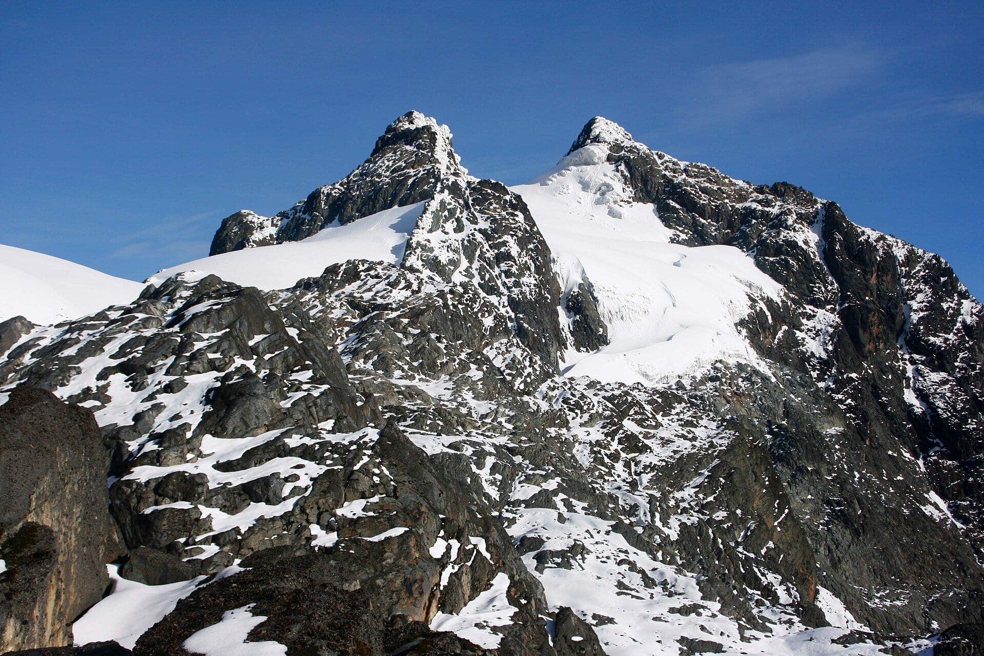 Mount Stanley, 2008. The ice has been shrinking since my dad saw it; the 2014 CNN piece he forwarded said it would be gone by 2030. Photo: Byekwaso Blasio, CC BY-SA 4.0, via Wikimedia Commons.